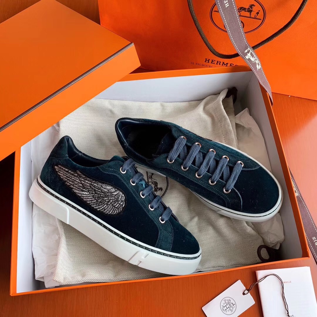 Hermes Velvet Sneakers In Blue Velvet With Embroidered Wing Patch