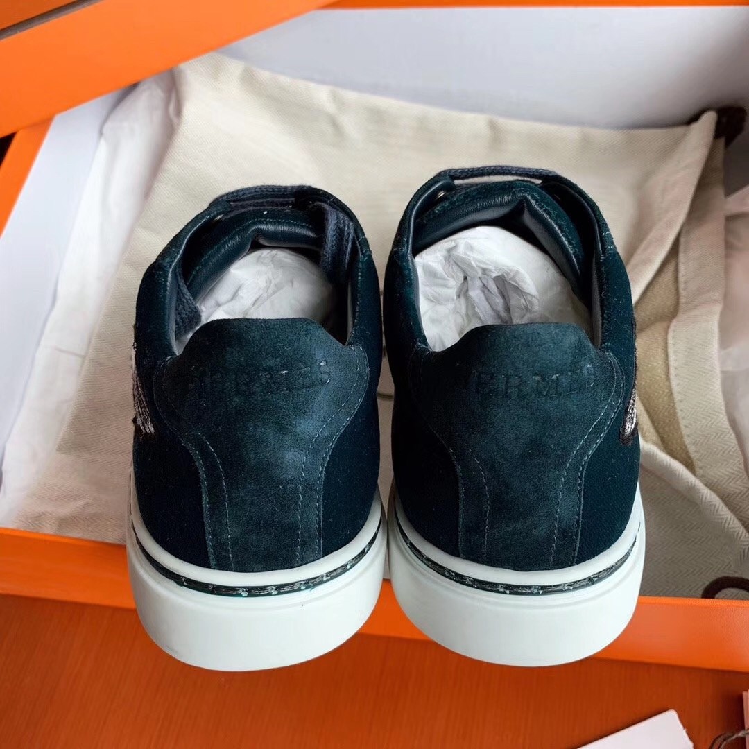 Hermes Velvet Sneakers In Blue Velvet With Embroidered Wing Patch