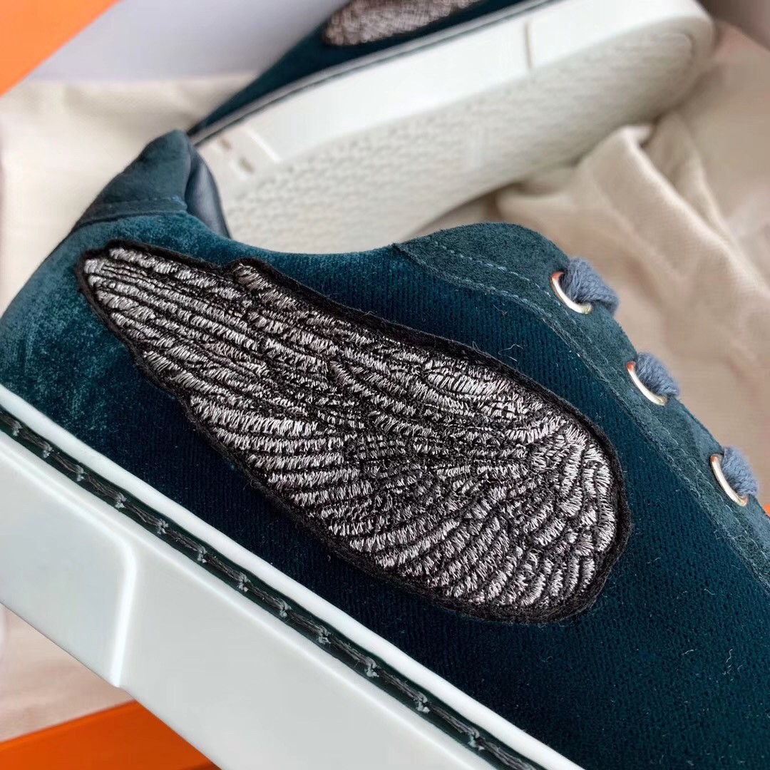Hermes Velvet Sneakers In Blue Velvet With Embroidered Wing Patch