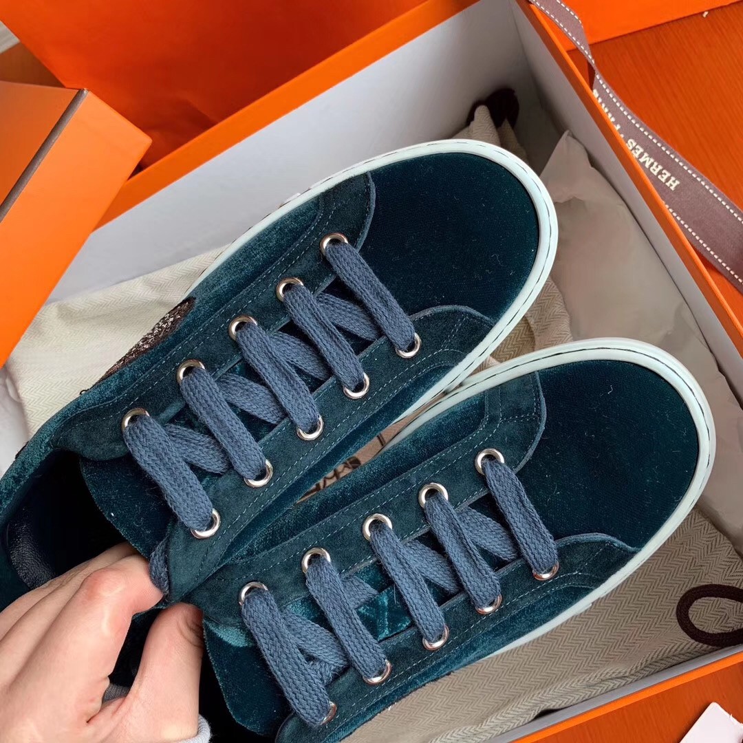 Hermes Velvet Sneakers In Blue Velvet With Embroidered Wing Patch