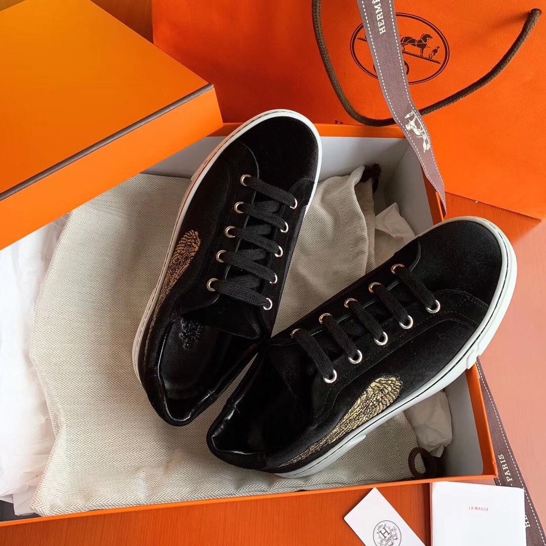 Hermes Velvet Sneakers In Black Velvet With Embroidered Wing Patch