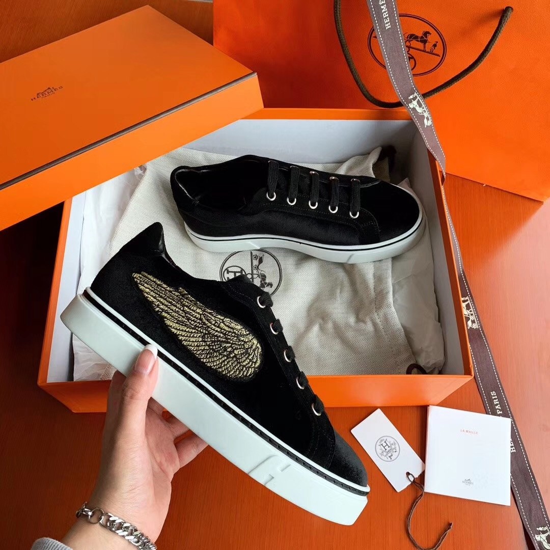 Hermes Velvet Sneakers In Black Velvet With Embroidered Wing Patch