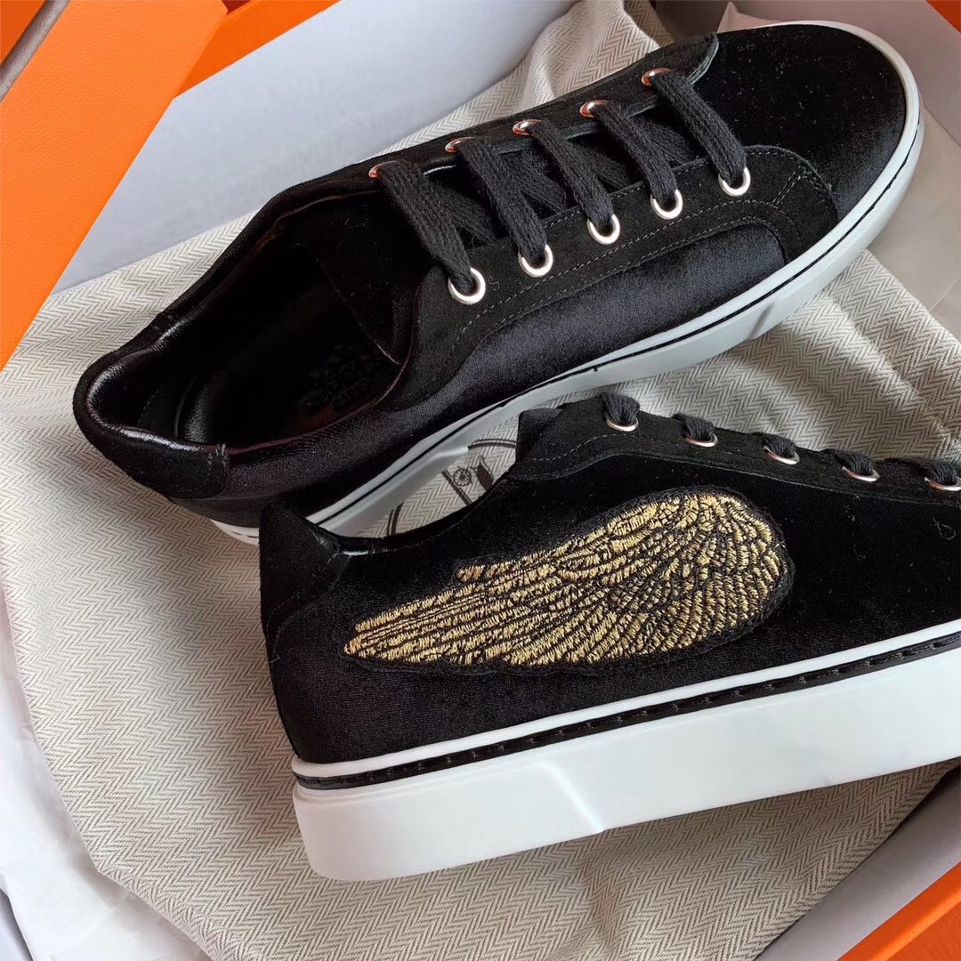 Hermes Velvet Sneakers In Black Velvet With Embroidered Wing Patch