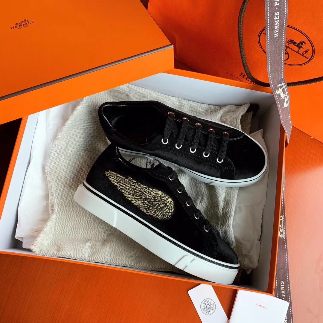 Hermes Velvet Sneakers In Black Velvet With Embroidered Wing Patch