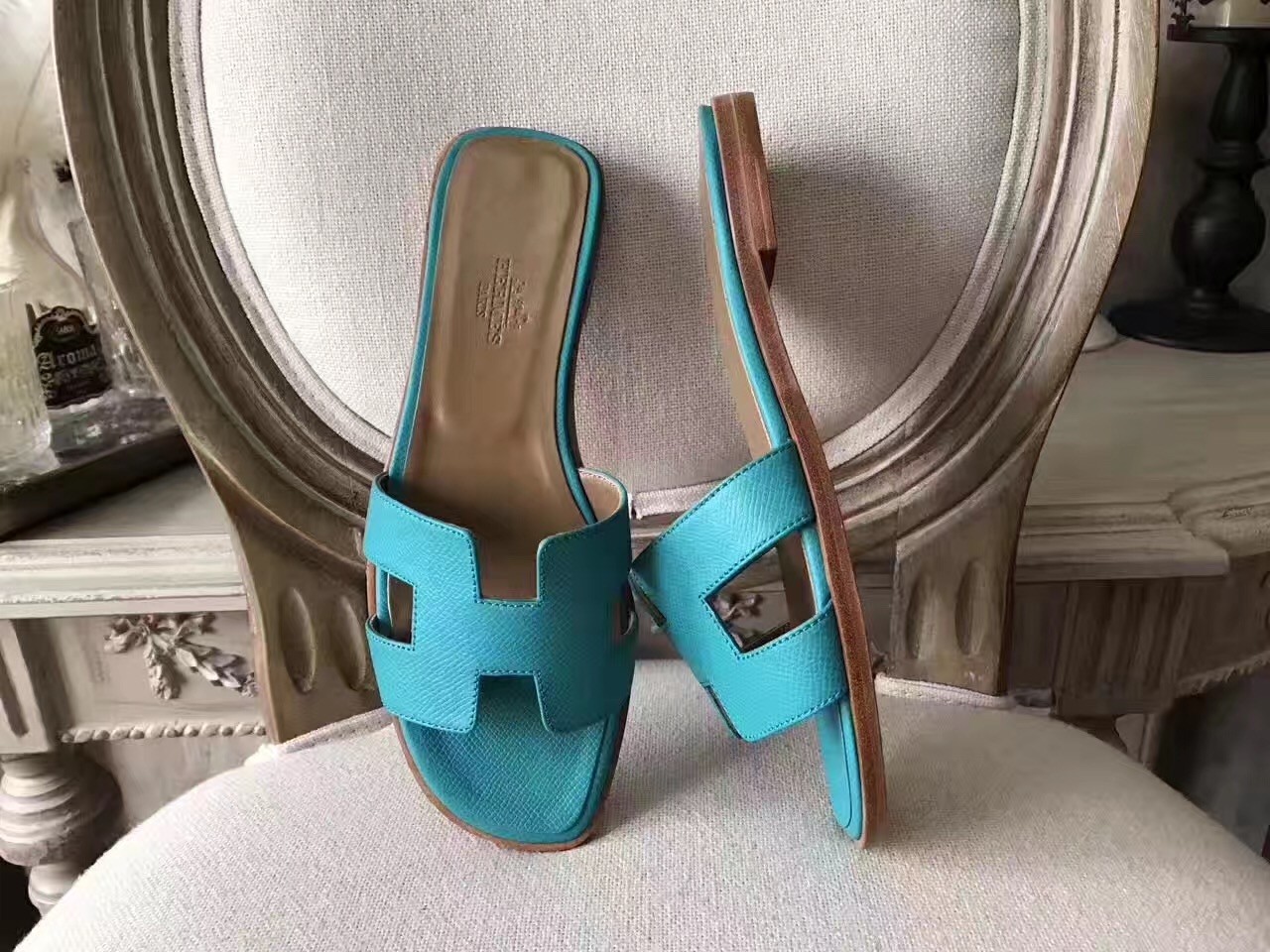 Hermes Oran Sandals In Lagon Epsom Leather