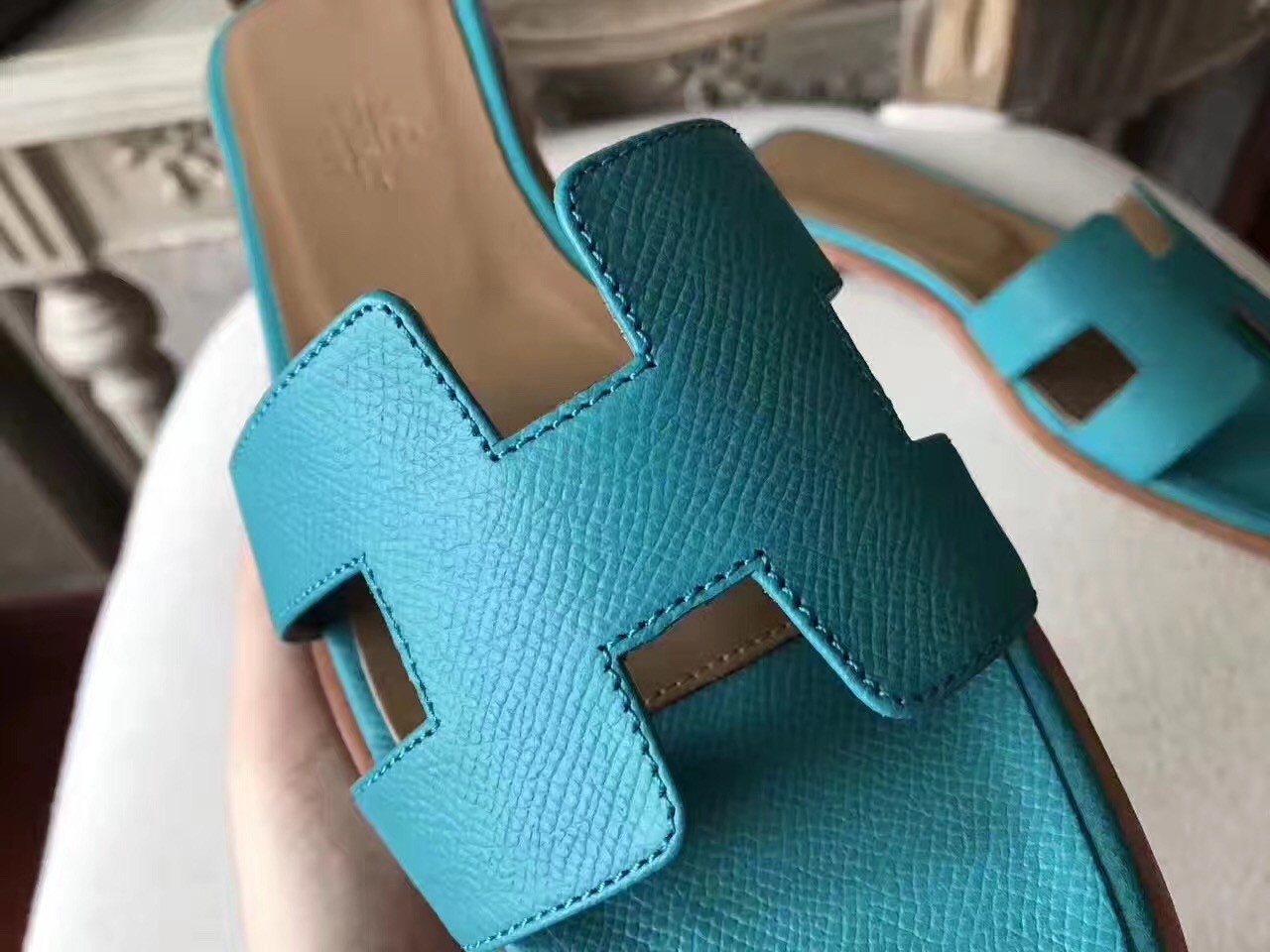 Hermes Oran Sandals In Lagon Epsom Leather