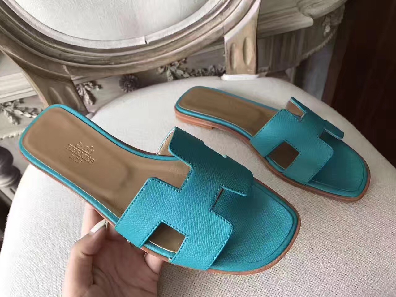 Hermes Oran Sandals In Lagon Epsom Leather