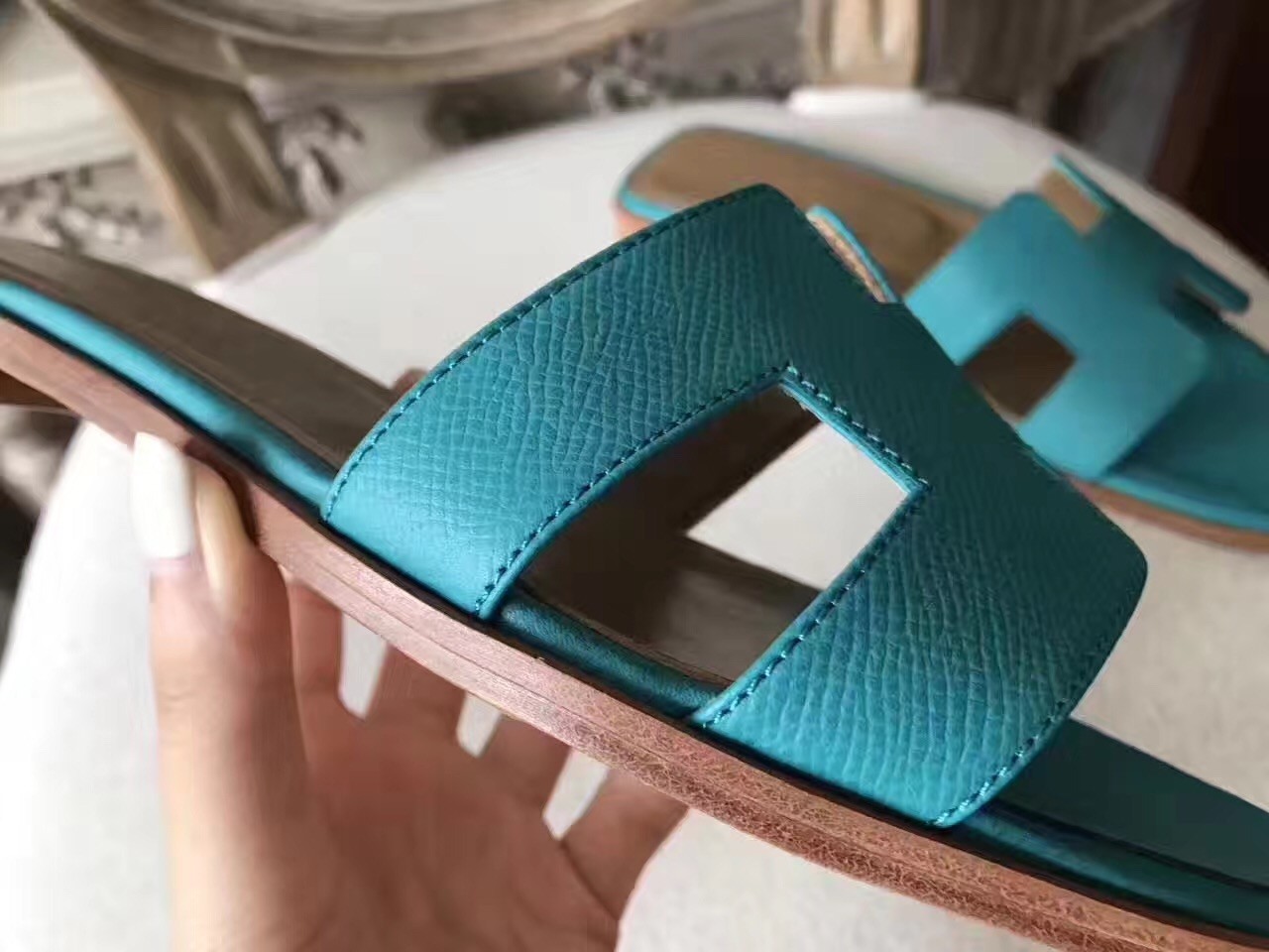 Hermes Oran Sandals In Lagon Epsom Leather