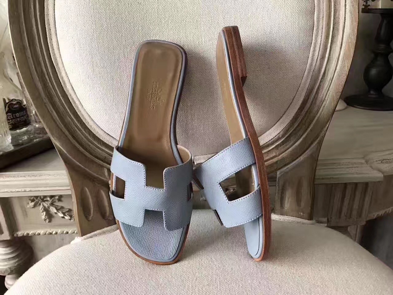 Hermes Oran Sandals In Blue Lin Epsom Leather