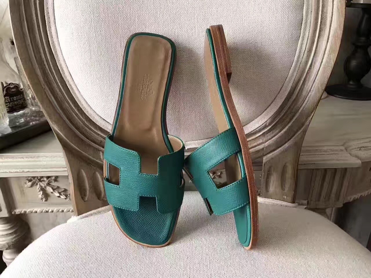 Hermes Oran Sandals In Malachite Epsom Leather