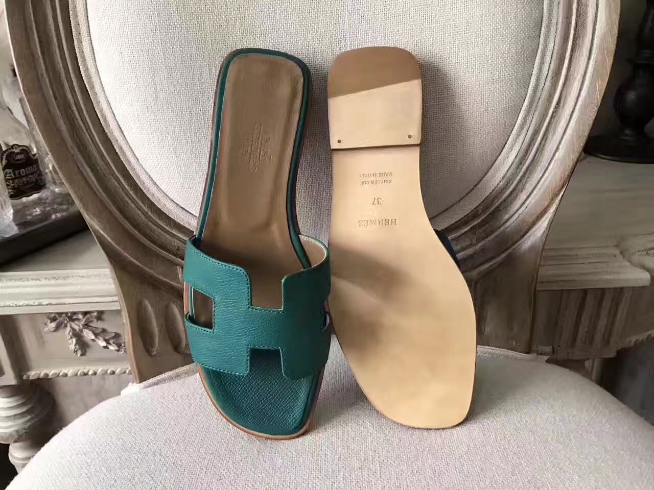 Hermes Oran Sandals In Malachite Epsom Leather