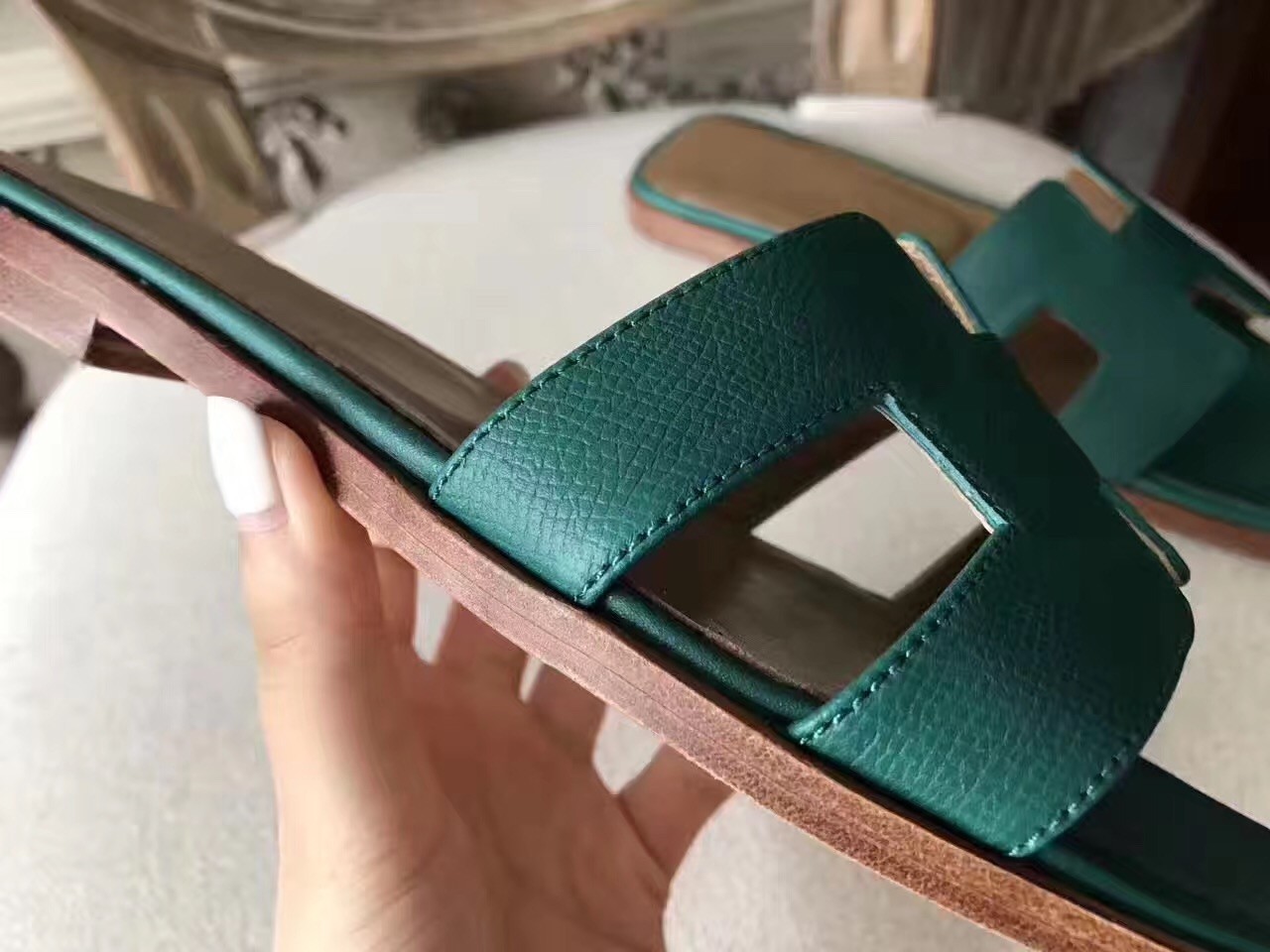 Hermes Oran Sandals In Malachite Epsom Leather