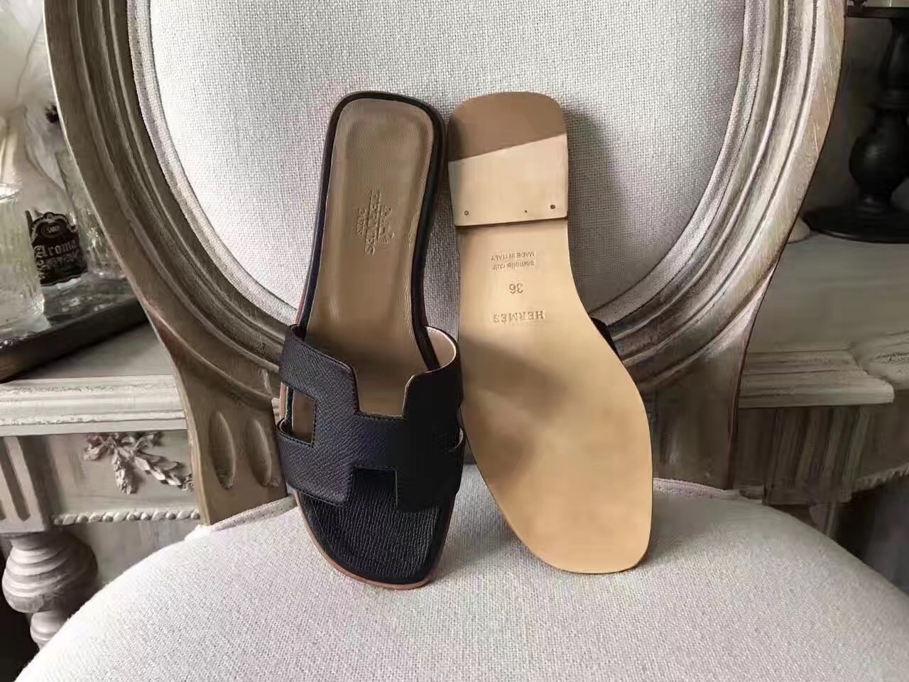 Hermes Oran Sandals In Black Epsom Leather