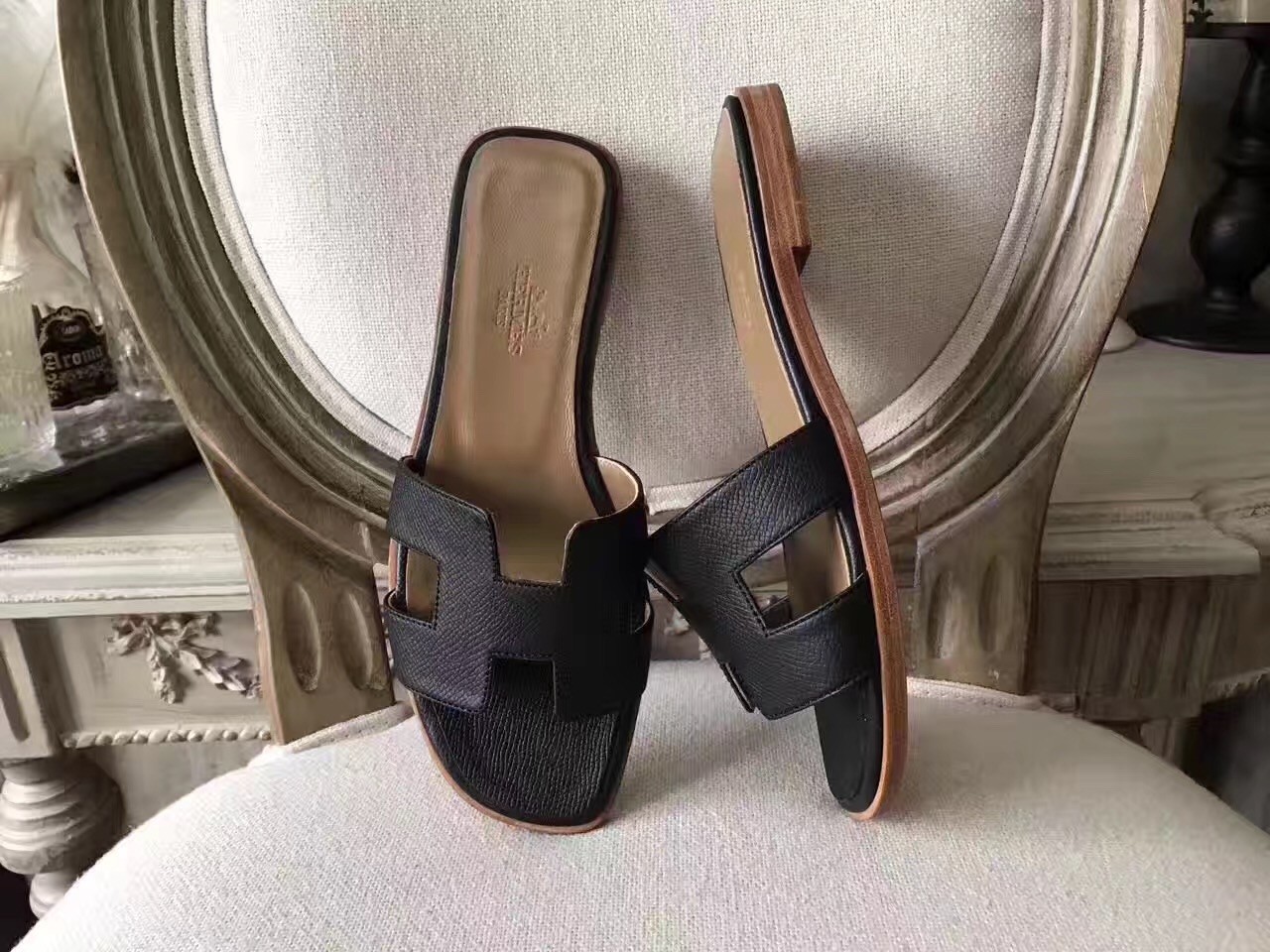 Hermes Oran Sandals In Black Epsom Leather