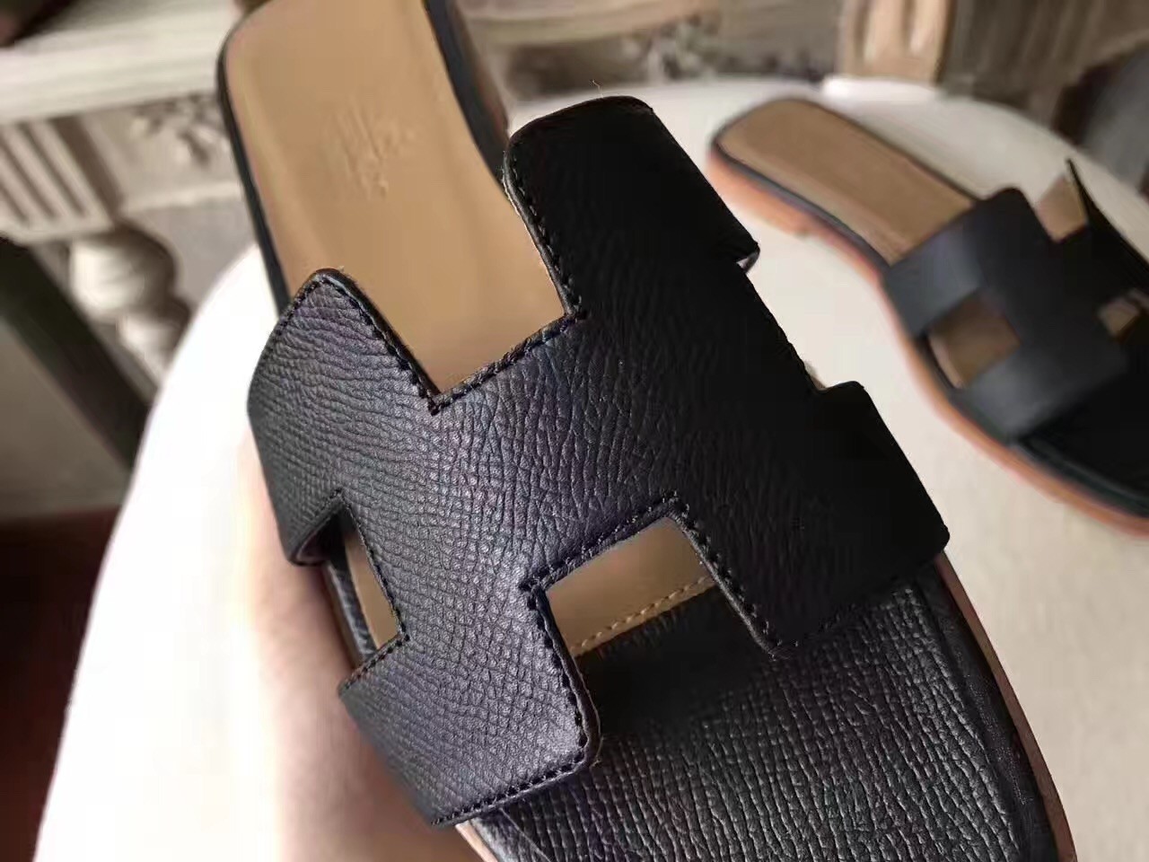 Hermes Oran Sandals In Black Epsom Leather
