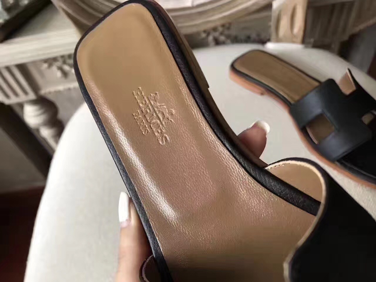 Hermes Oran Sandals In Black Epsom Leather