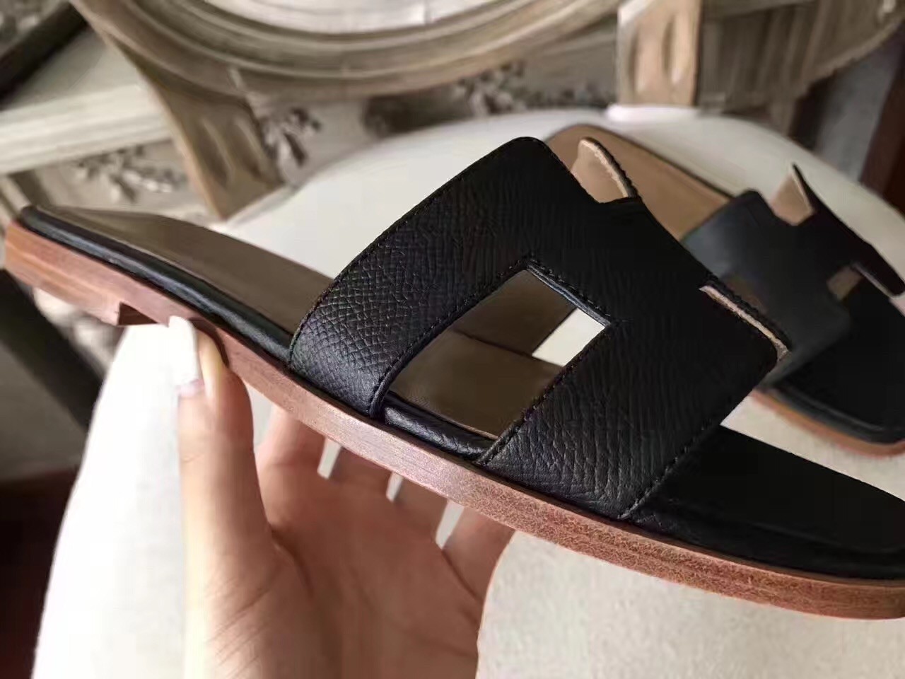 Hermes Oran Sandals In Black Epsom Leather