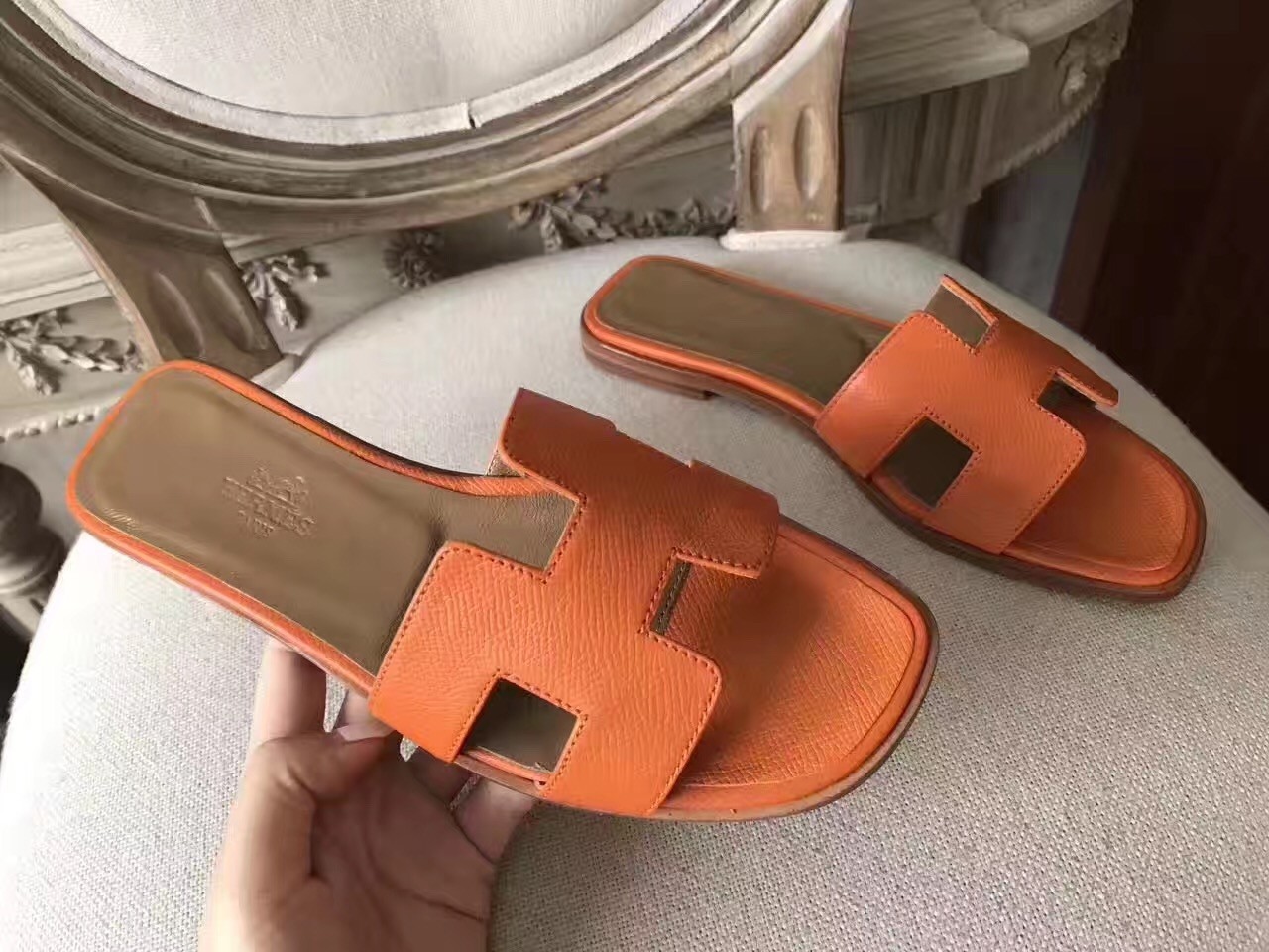 Hermes Oran Sandals In Orange Epsom Leather