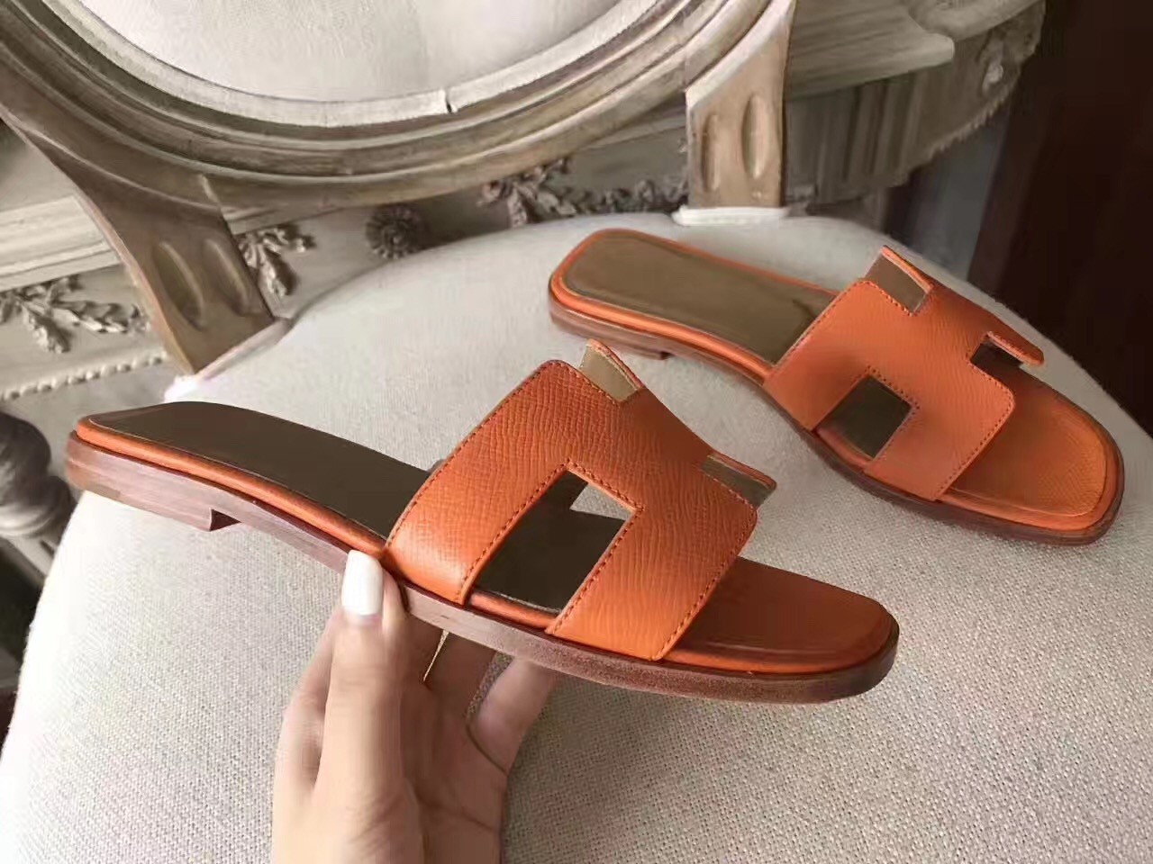 Hermes Oran Sandals In Orange Epsom Leather