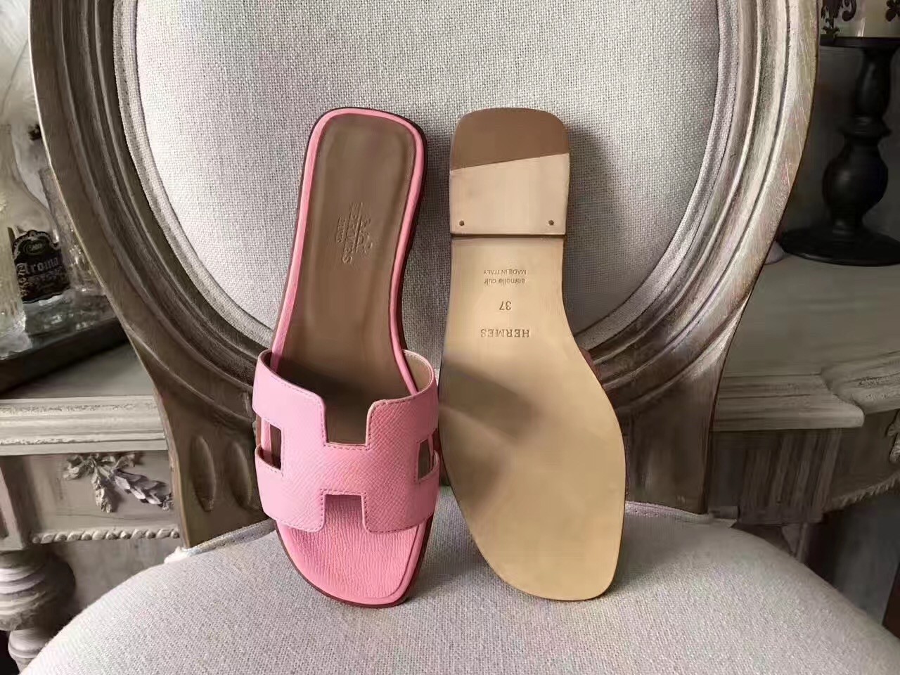 Hermes Oran Sandals In Pink Epsom Leather