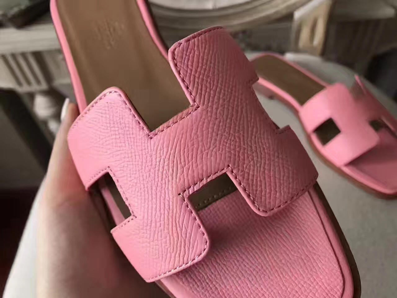 Hermes Oran Sandals In Pink Epsom Leather