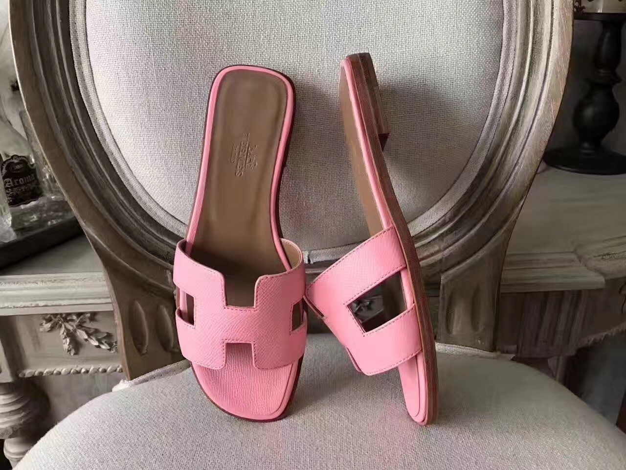 Hermes Oran Sandals In Pink Epsom Leather