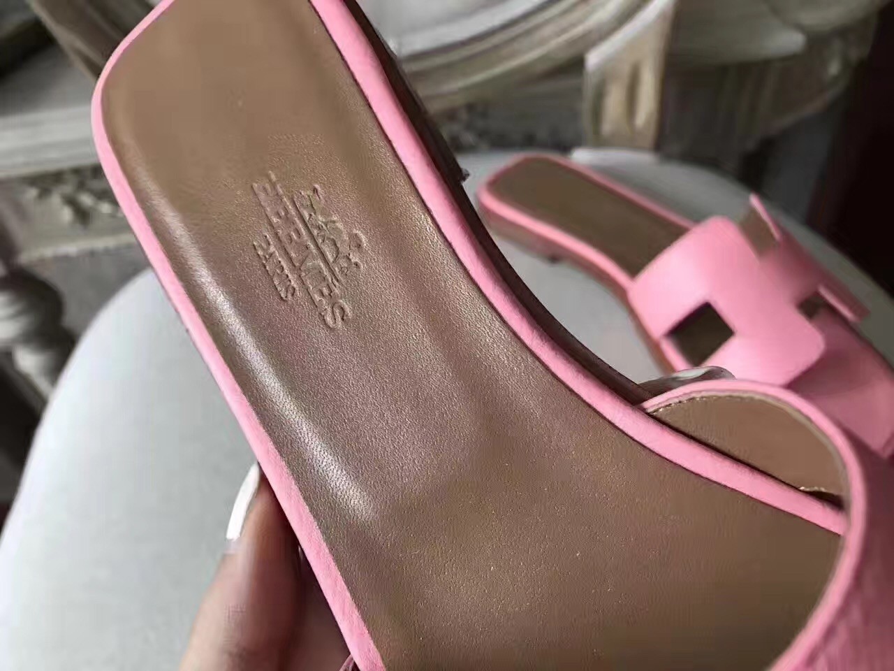Hermes Oran Sandals In Pink Epsom Leather