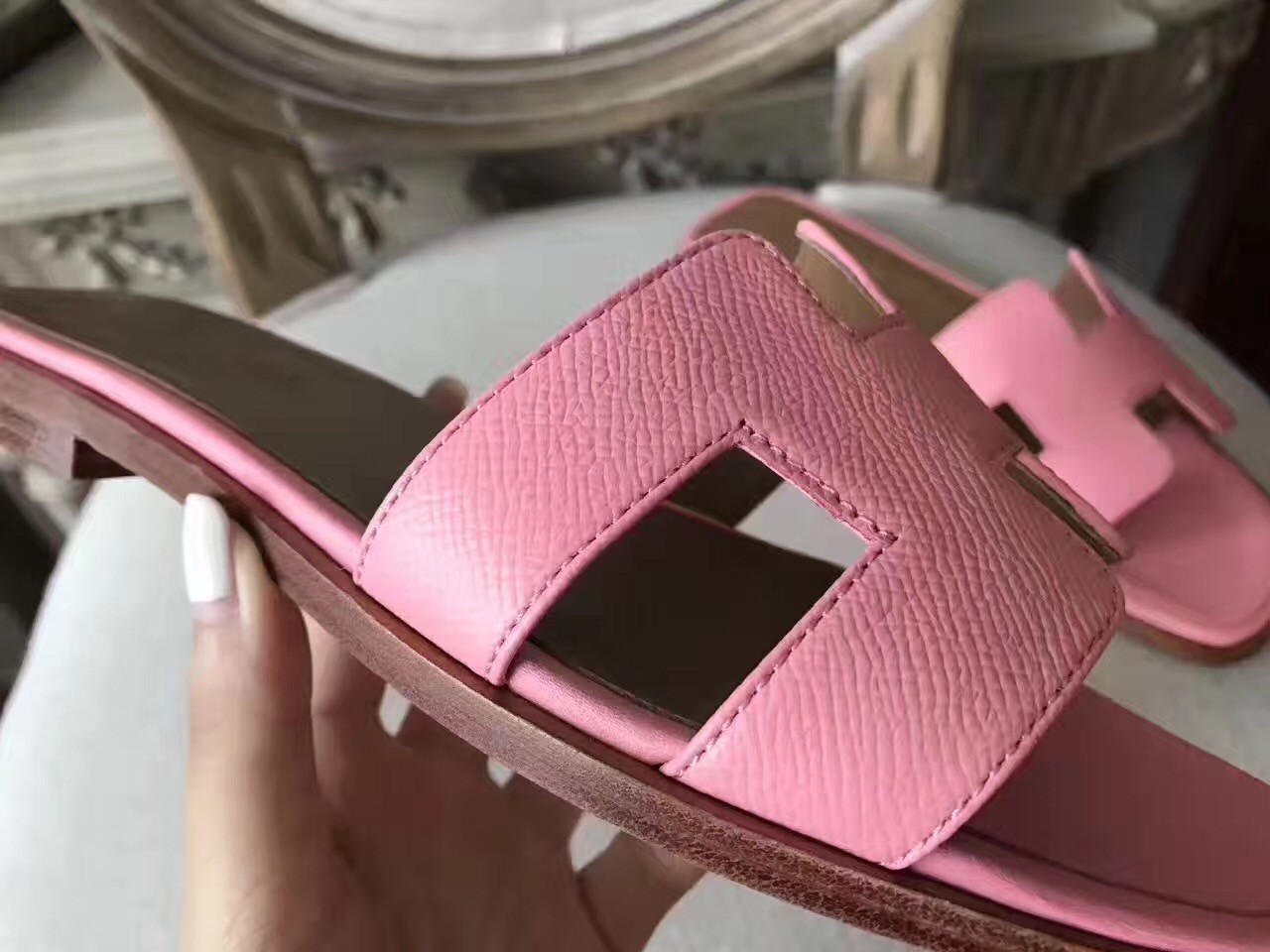 Hermes Oran Sandals In Pink Epsom Leather