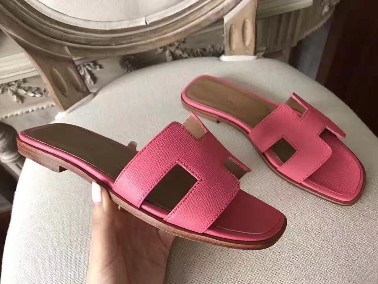 Hermes Oran Sandals In Rose Confetti Epsom Leather