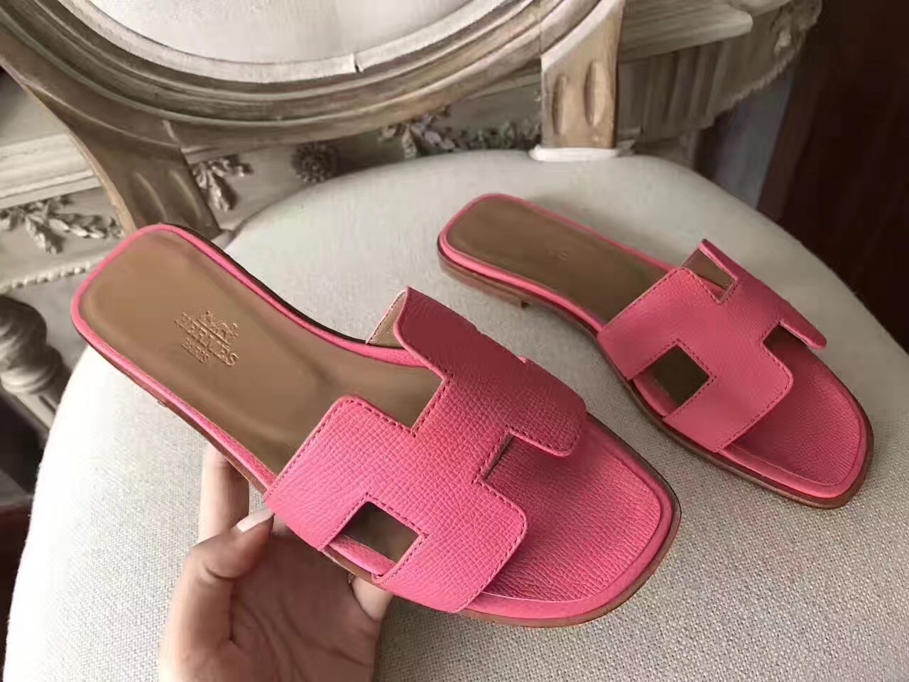 Hermes Oran Sandals In Rose Confetti Epsom Leather