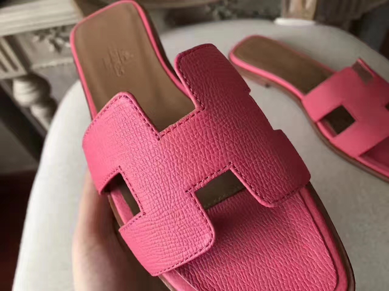 Hermes Oran Sandals In Rose Confetti Epsom Leather