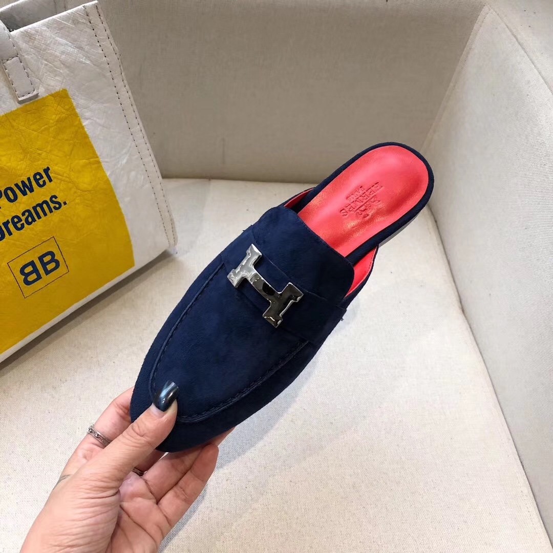 Hermes Trocadero Mules In Blue Suede