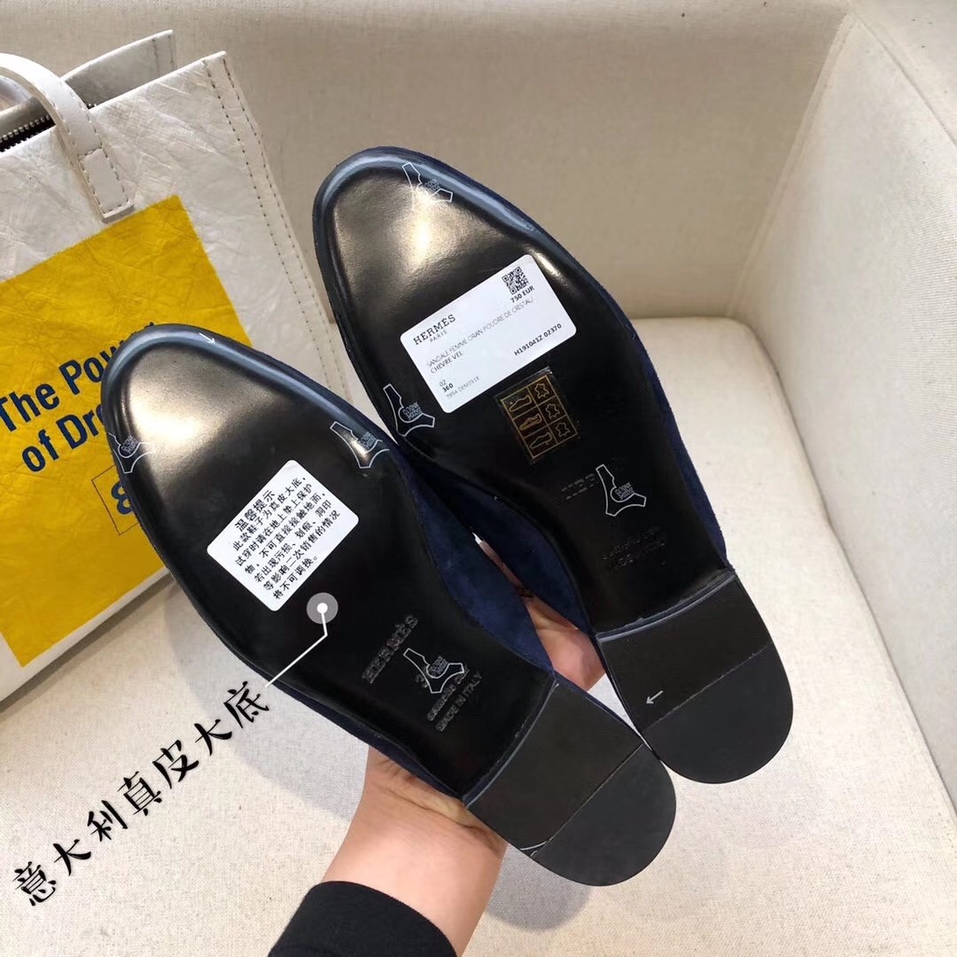 Hermes Trocadero Mules In Blue Suede