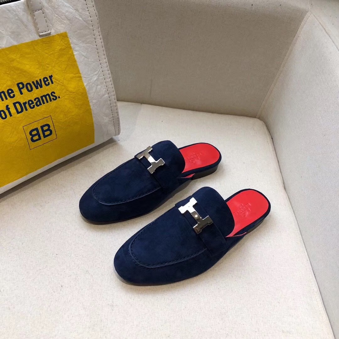 Hermes Trocadero Mules In Blue Suede