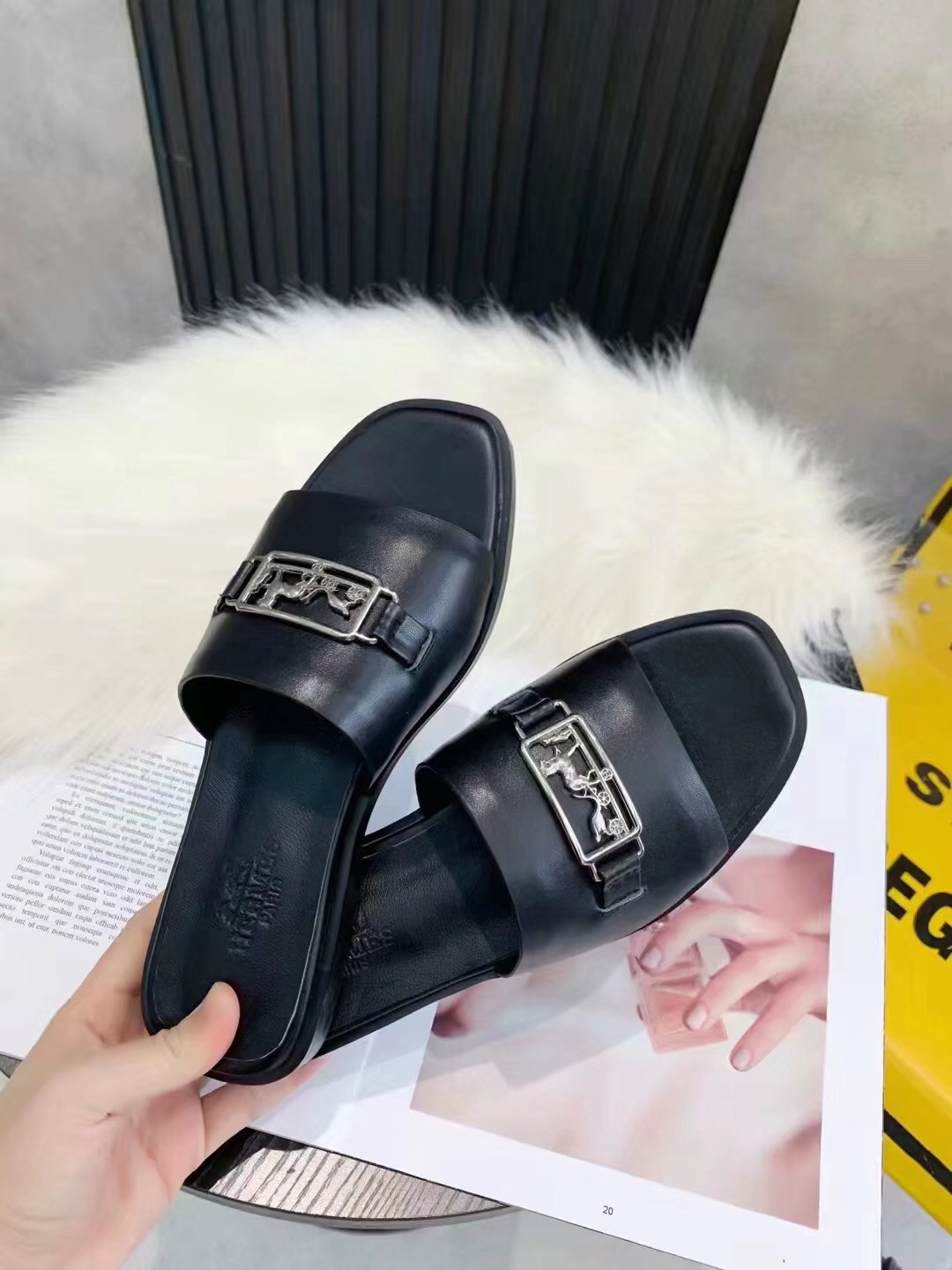 Hermes Villa Sandals In Black Calfskin