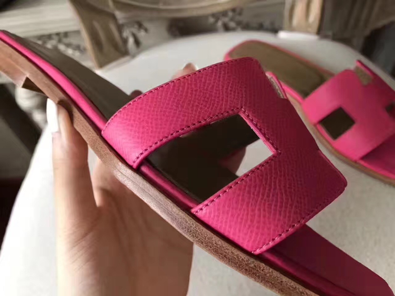 Hermes Oran Sandals In Rose Red Epsom Leather