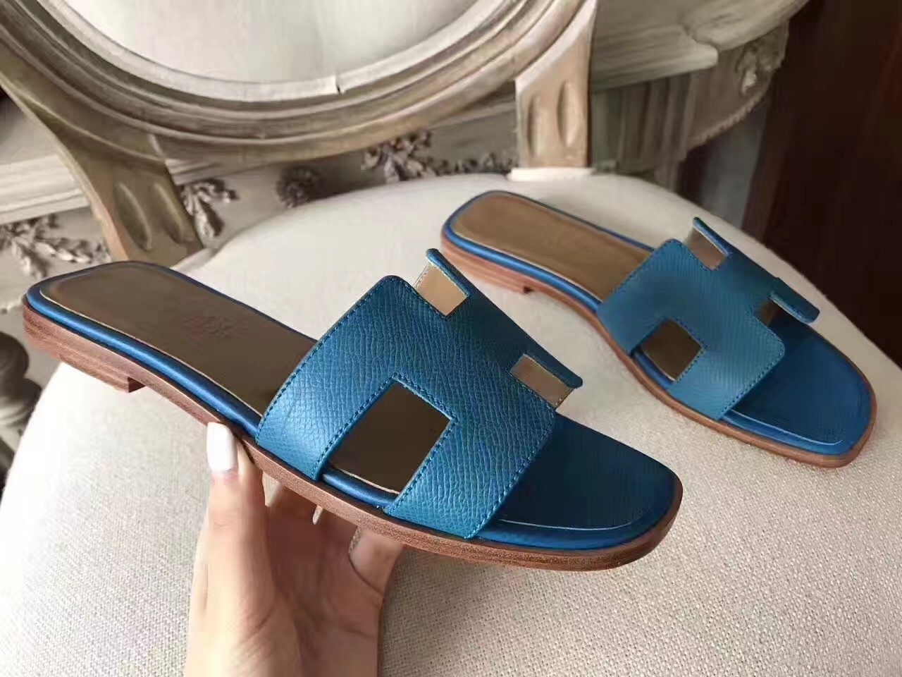 Hermes Oran Sandals In Turquoise Epsom Leather
