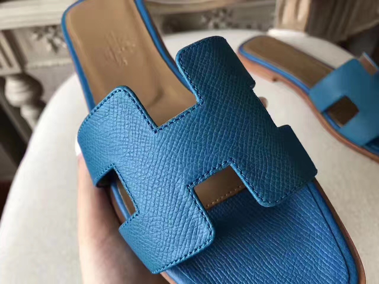Hermes Oran Sandals In Turquoise Epsom Leather