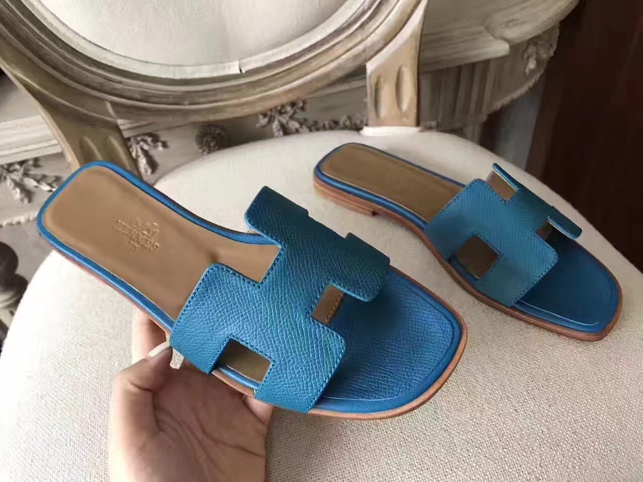 Hermes Oran Sandals In Turquoise Epsom Leather