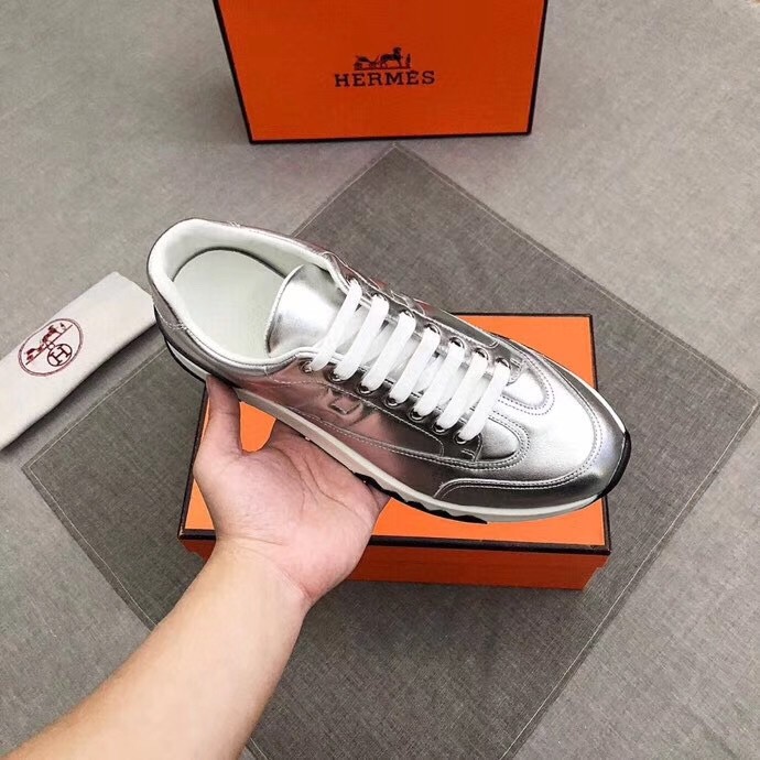 Hermes Trail Sneakers In Silver Metallic Nappa Leather