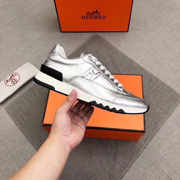 Hermes Trail Sneakers In Silver Metallic Nappa Leather