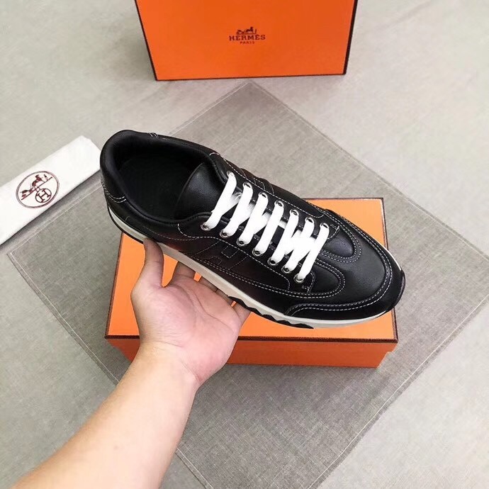 Hermes Trail Sneakers In Noir Calfskin Leather