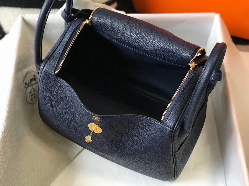 Hermes Lindy 30cm Bag In Navy Blue Clemence Leather