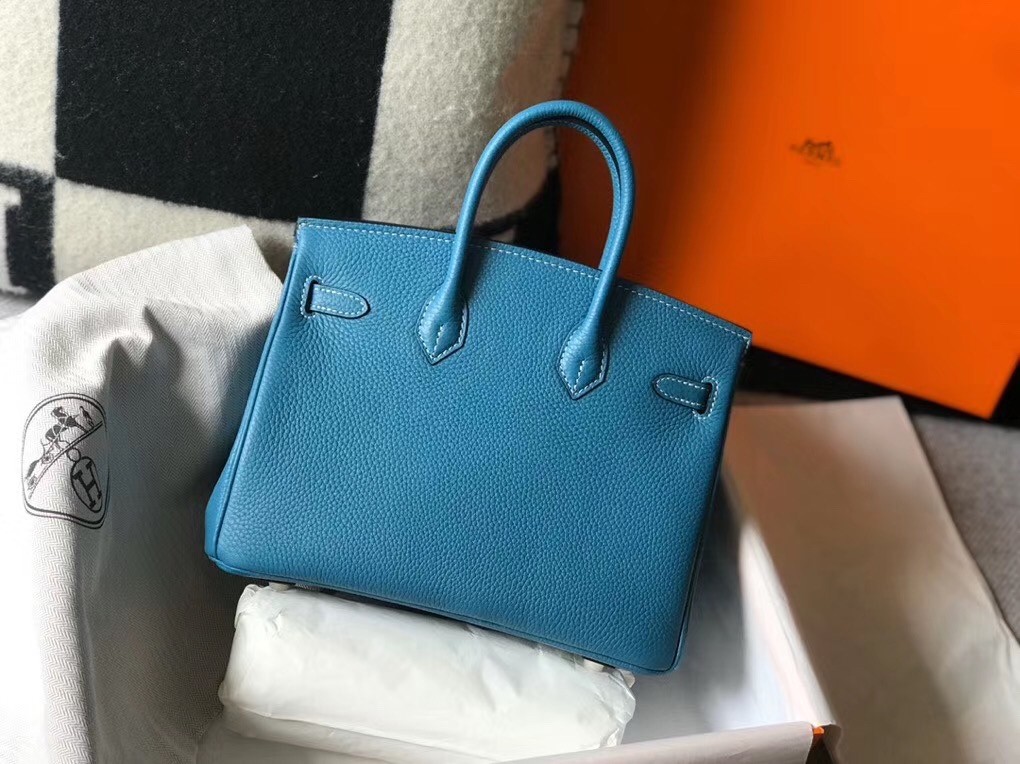 Hermes Birkin 25cm Bag In Blue Jean Clemence Leather