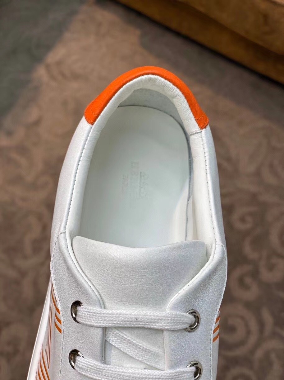 Hermes Avantage Sneakers In White/Orange Calfskin
