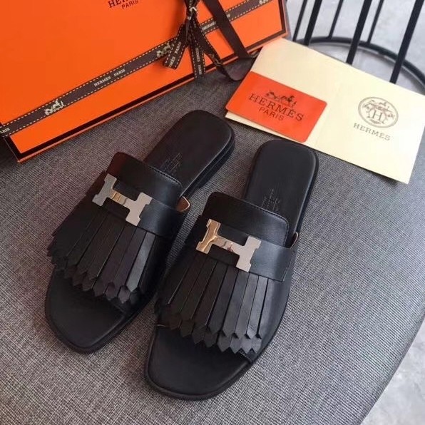 Hermes Auteuil Sandals In Black Calfskin