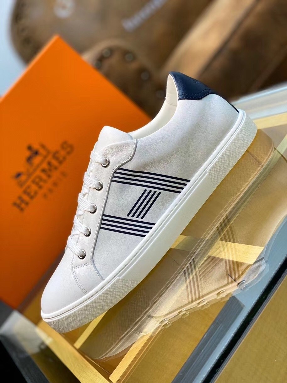 Hermes Avantage Sneakers In White/Blue Calfskin