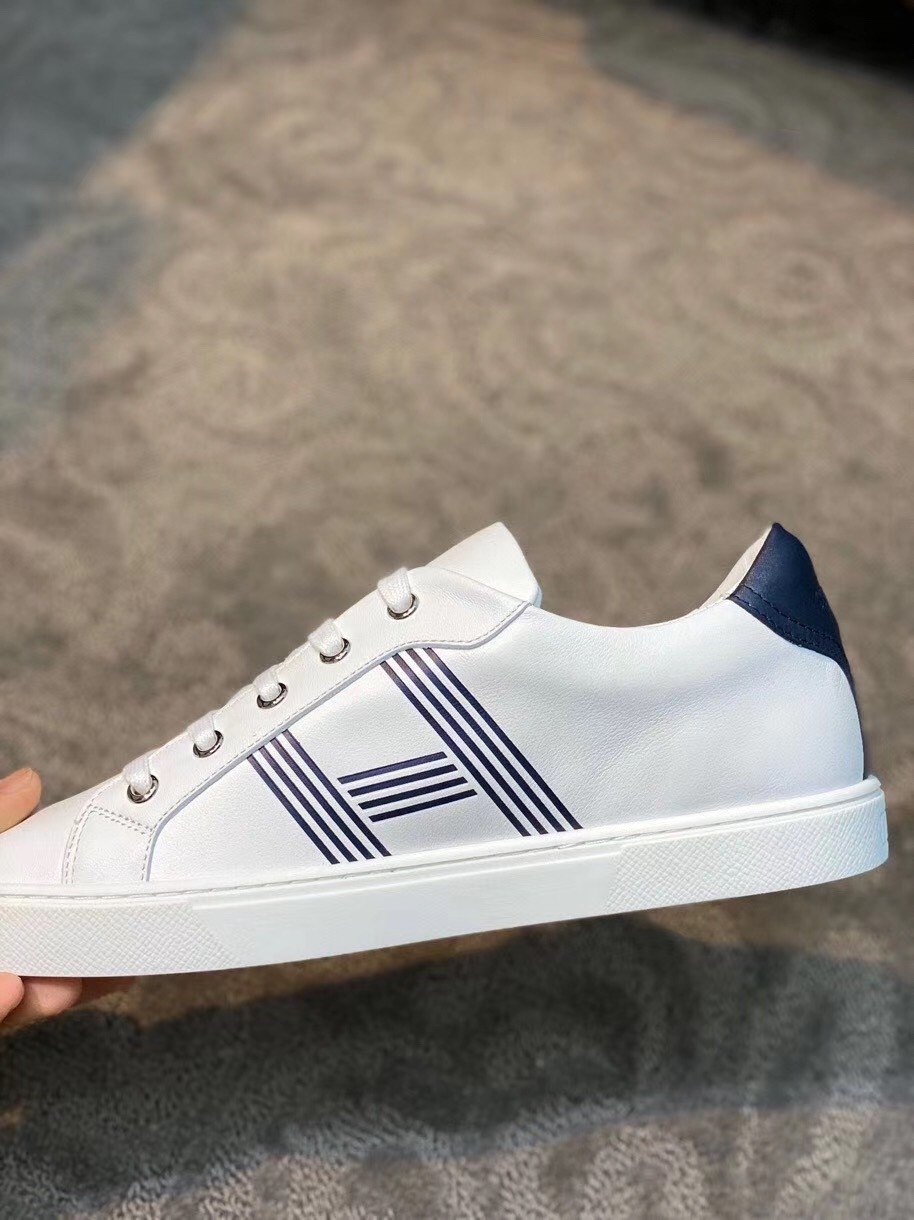 Hermes Avantage Sneakers In White/Blue Calfskin