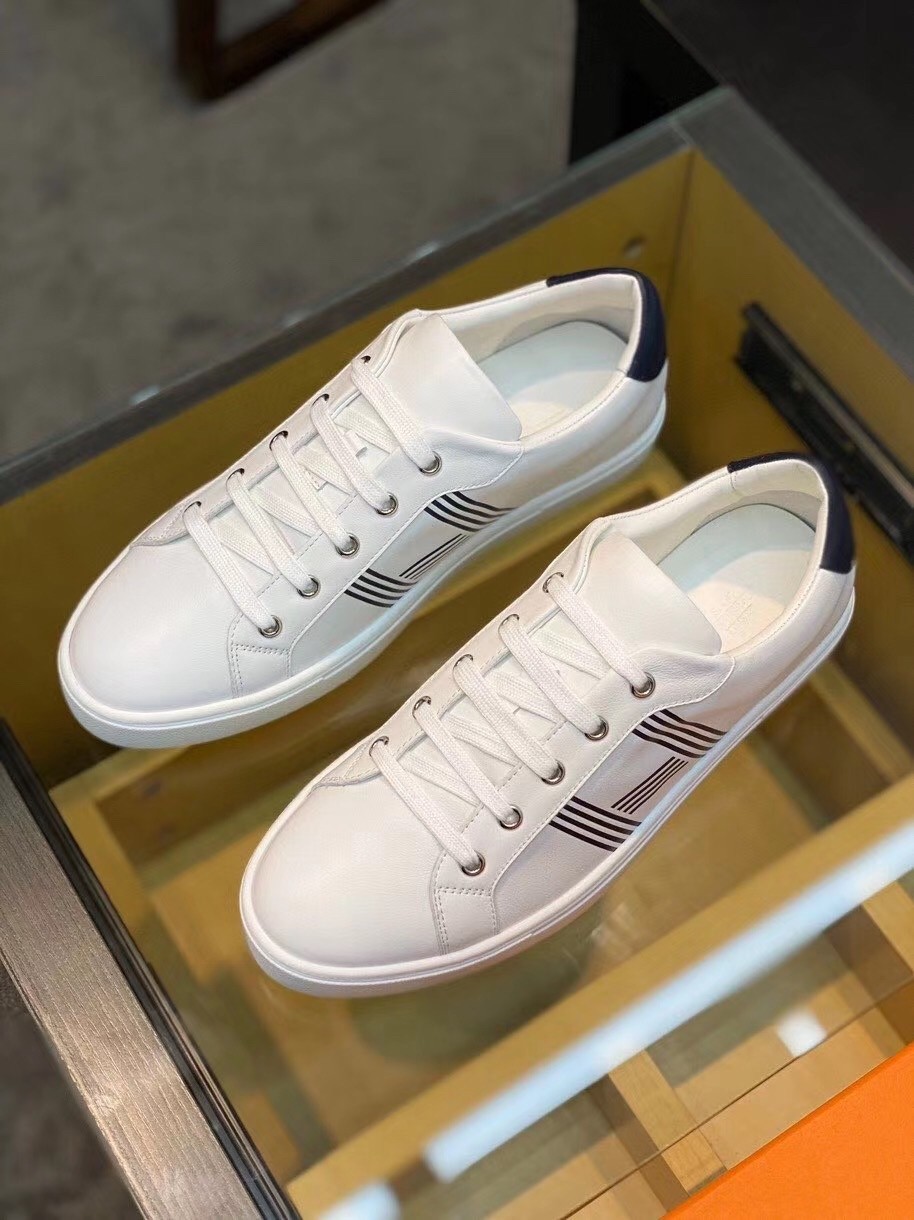 Hermes Avantage Sneakers In White/Blue Calfskin