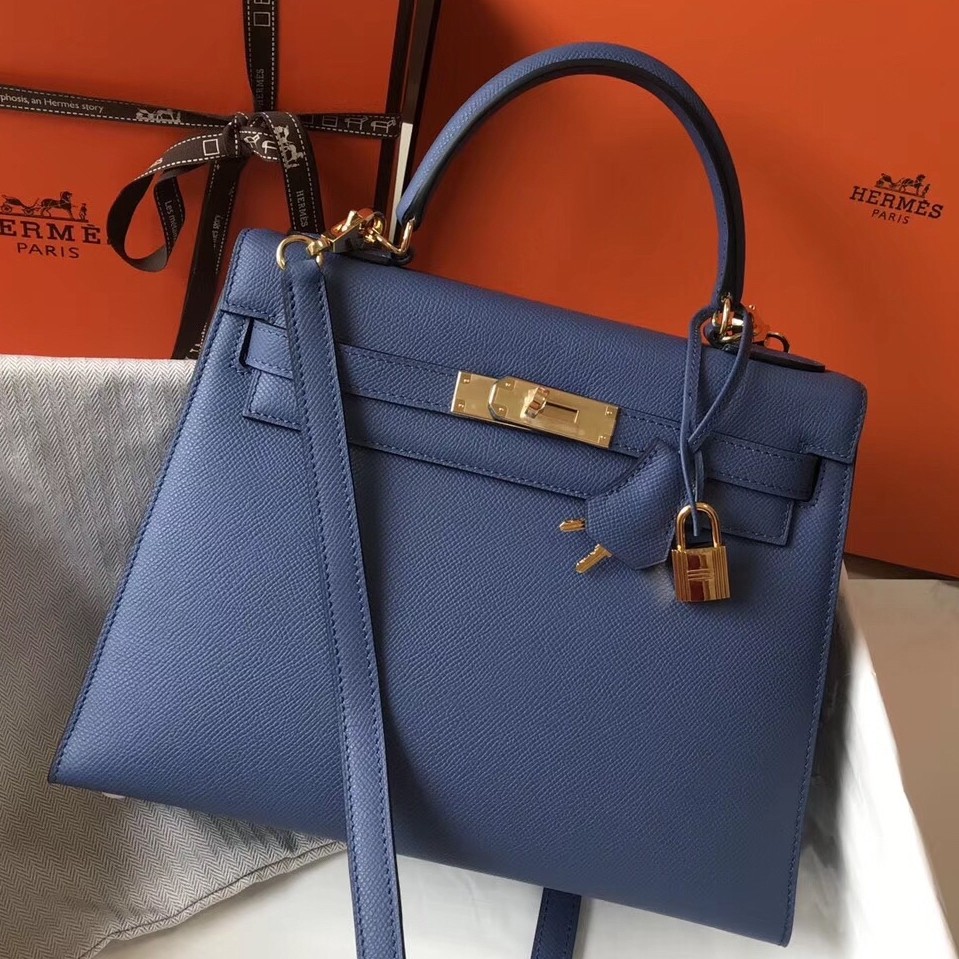 Hermes Kelly 28cm Sellier Handmade Bag In Bleu Saphir Epsom Leather